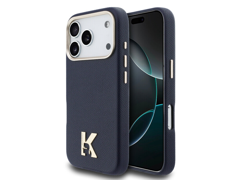 Niebieskie etui na telefon z logo \'K\' w dolnej części, przeznaczone dla modelu z trzema aparatami. Etui posiada wycięcia na przyciski i porty.