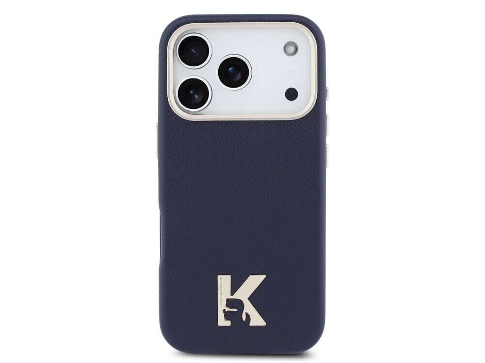 Niebieskie etui na telefon z trzema widocznymi obiektywami aparatu i logo w kształcie litery \'K\' na dole. Etui ma teksturę imitującą skórę.