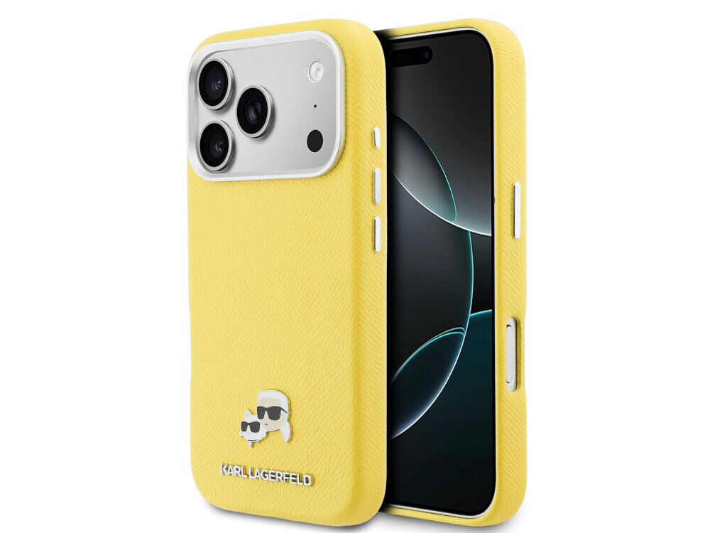Etui KARL LAGERFELD Karl & Choupette Head Pins Saffiano MagSafe do Apple iPhone 17 Pro w kolorze żółtym, karl lagerfeld etui saffiano magsafe choupette iphone metal pin, Widok pod kątem na etui założone na telefon z widocznym ekranem.