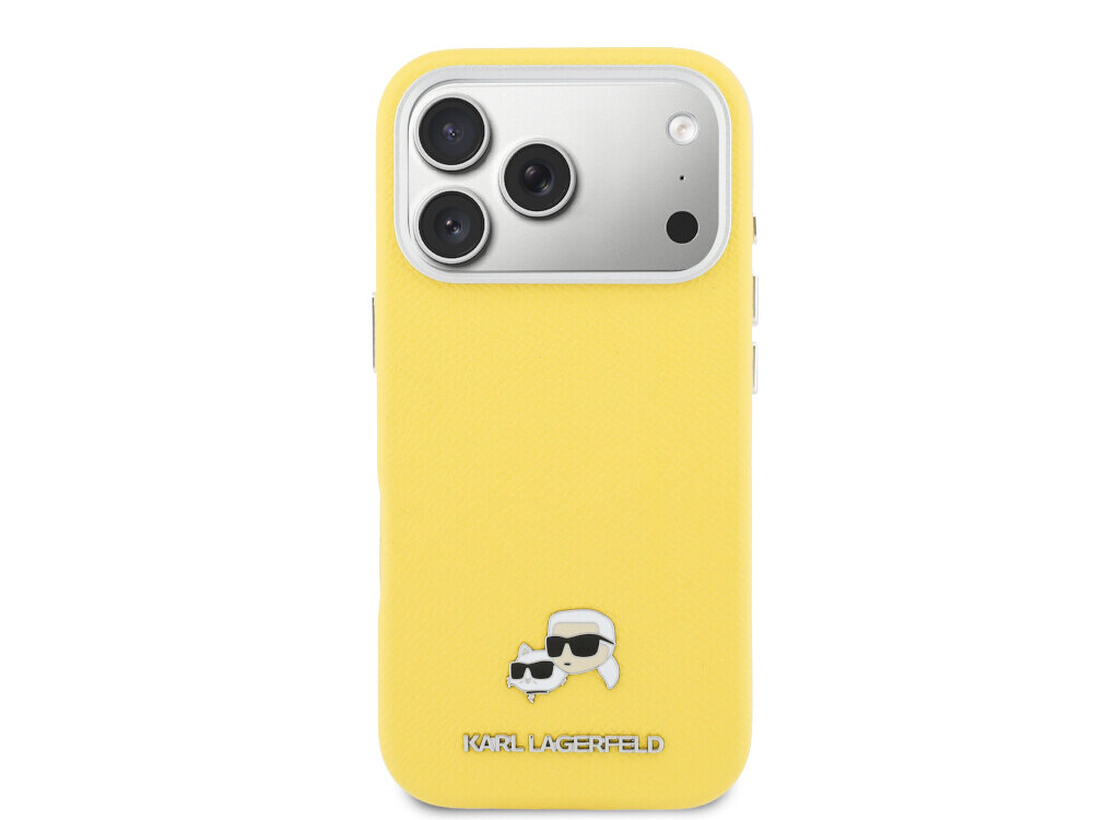 Etui KARL LAGERFELD Karl & Choupette Head Pins Saffiano MagSafe do Apple iPhone 17 Pro w kolorze żółtym, karl lagerfeld saffiano etui metal pin choupette iphone premium detale, Tył etui na smartfona z wycięciem na aparat i małą, ozdobną aplikacją.