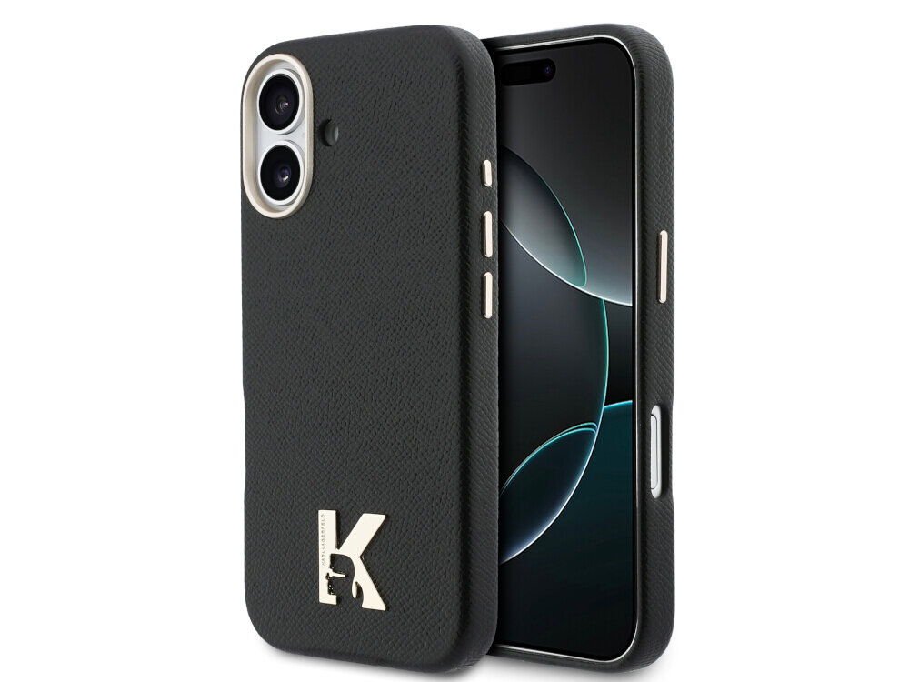 Czarne etui na telefon z logo \'K\' i sylwetką głowy na dole. Etui posiada wycięcia na aparat i przyciski boczne.