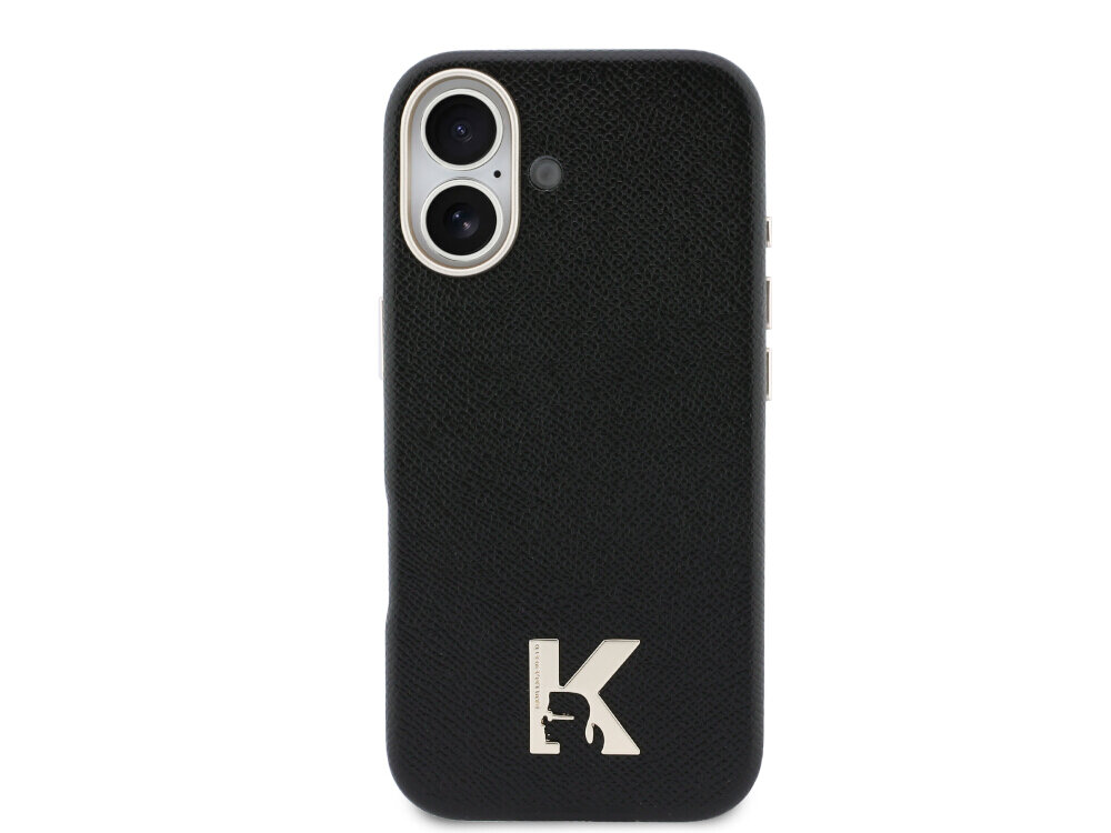 Czarne etui na telefon z wycięciem na aparat i logo w kształcie litery \'K\' z sylwetką głowy. Powierzchnia etui ma teksturę przypominającą skórę.