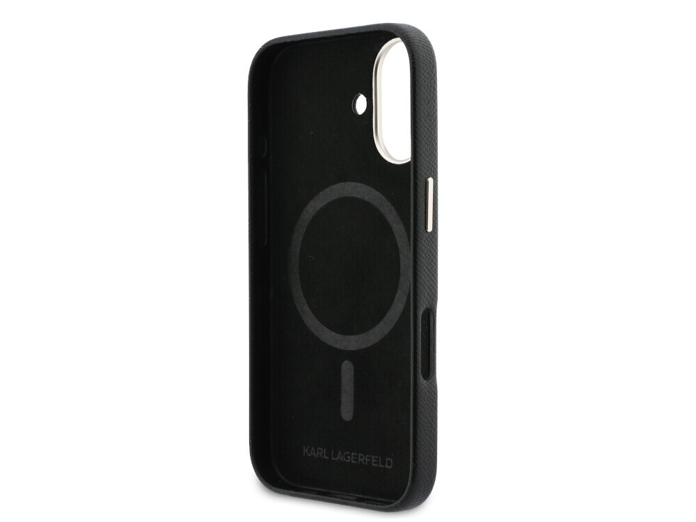 Czarne etui z logo KARL LAGERFELD, przeznaczone do Apple iPhone 17, z wycięciem na aparat i przyciski. Wewnątrz widoczny jest okrągły symbol MagSafe.