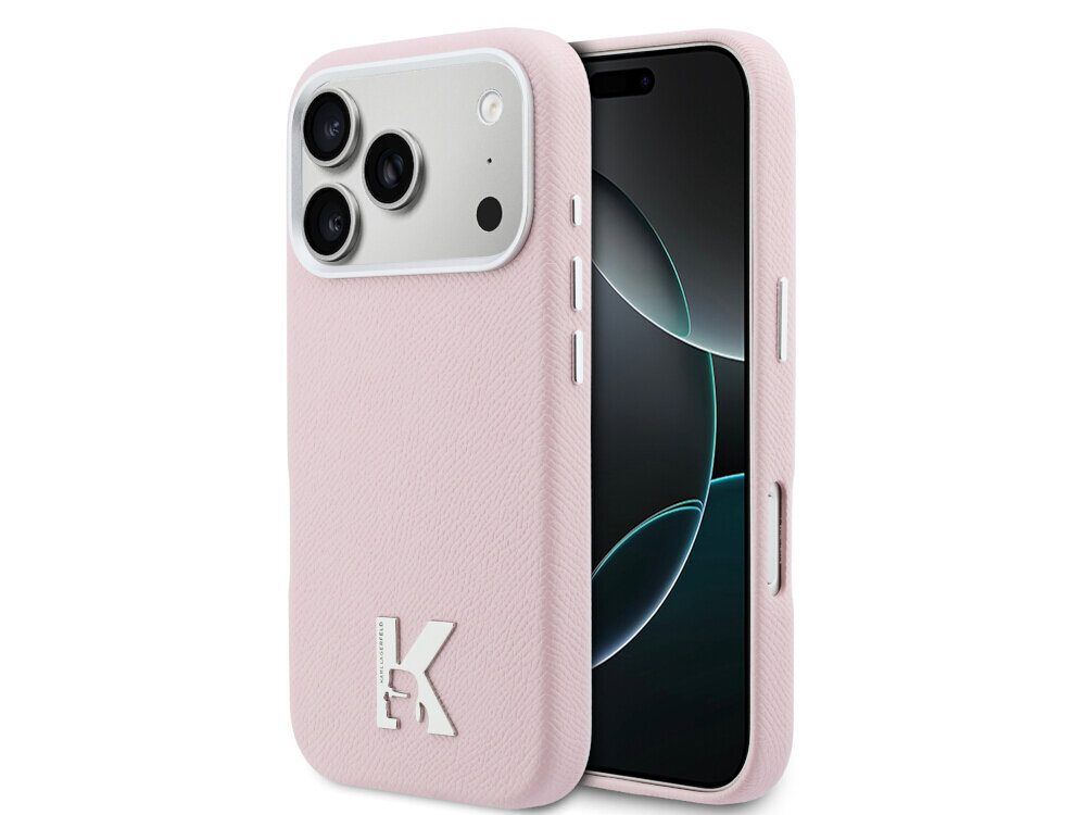 Różowe etui na telefon z trzema widocznymi przyciskami bocznymi i logo \'KARL\' na dole. Telefon w etui ma trzy obiektywy aparatu i wyświetlacz z ciemnym tłem.
