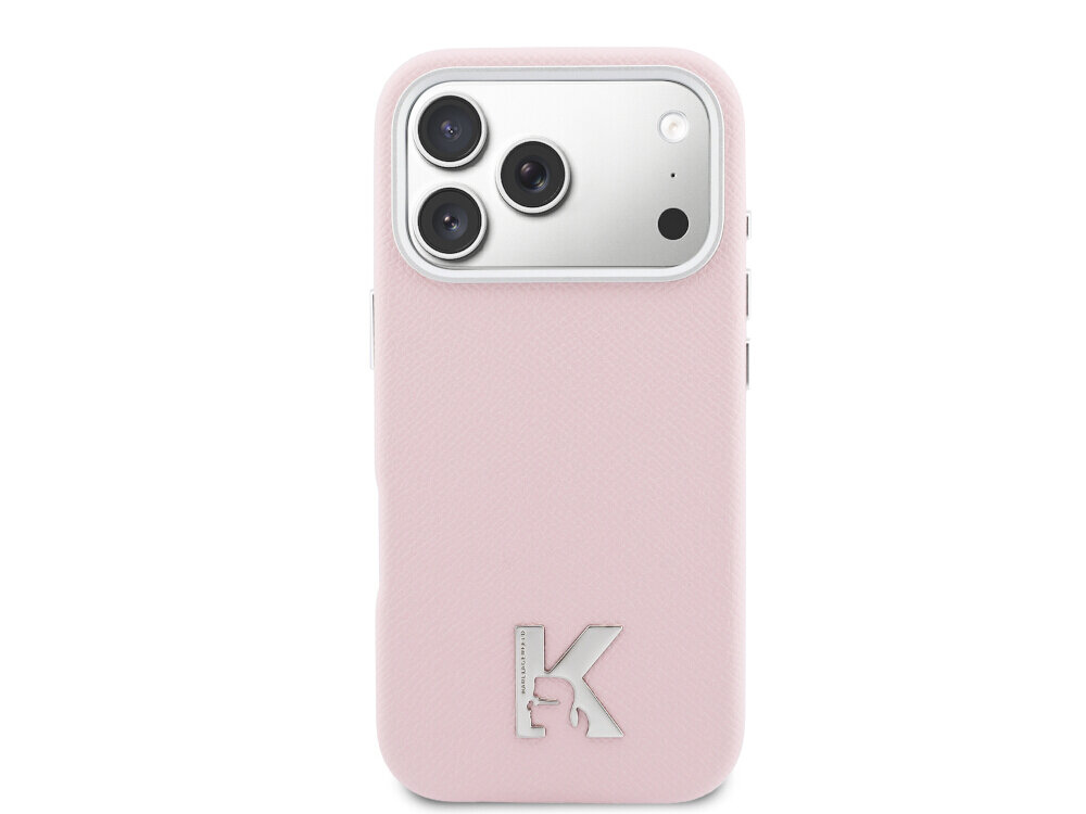 Różowe etui na telefon z trzema widocznymi obiektywami aparatu i logo \'KARL\' w dolnej części. Etui ma gładką teksturę i wycięcia na przyciski boczne.