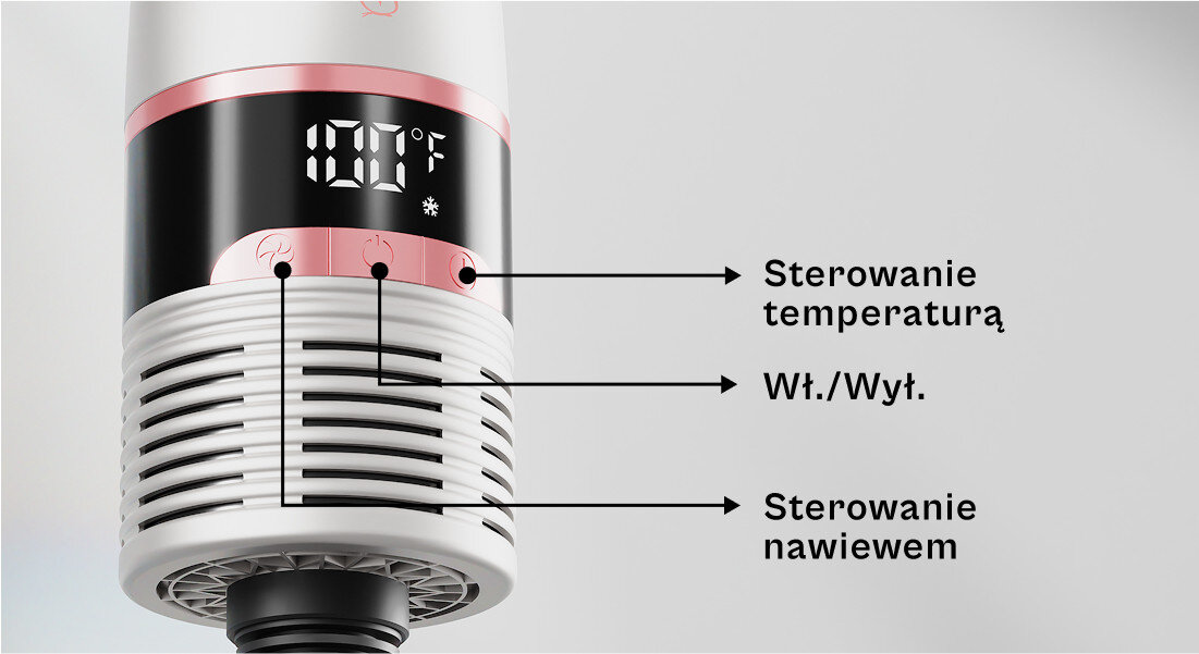 Obraz przedstawia fragment suszarko-lokówki z wyświetlaczem pokazującym temperaturę w stopniach Fahrenheita oraz symbolem płatka śniegu. Obok znajdują się opisy: \'Sterowanie temperaturą\', \'Wł./Wył.\', \'Sterowanie nawiewem\'.