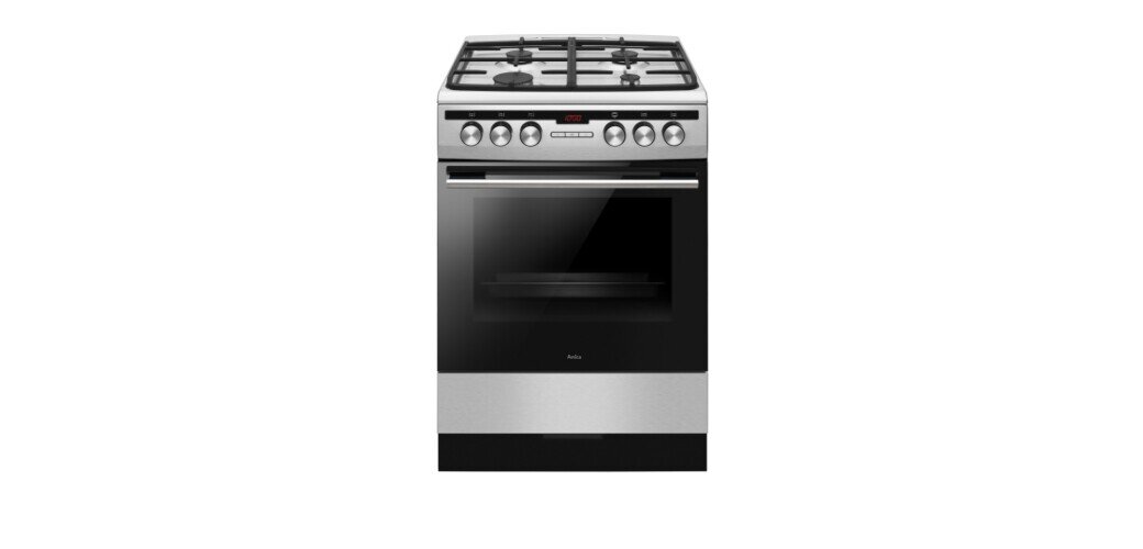 Na obrazie widoczna jest kuchnia wolnostojąca z czterema palnikami gazowymi i piekarnikiem z frontem ze szkła. Na panelu sterowania znajdują się pokrętła oraz wyświetlacz cyfrowy.