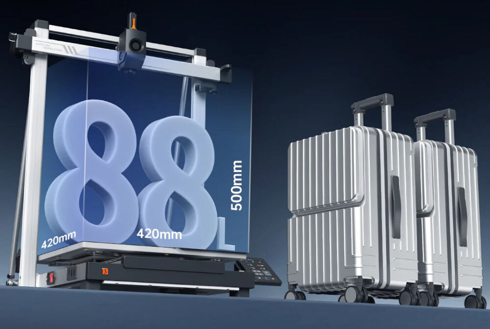 Drukarka 3D ANYCUBIC Kobra 3 Max Combo Wi-Fi, LAN + Dysza + Filament PLA Czarny Grafika promocyjna drukarki Anycubic Kobra 3 Max, ilustrująca jej dużą objętość druku 420 na 420 na 500 milimetrów (88 litrów) i porównująca ją do wielkości dwóch walizek podręcznych wymiary obszar roboczy drukowanie dużych obiektów w całości bez dzielenia na małe segmenty makiety architektoniczne prototypy przemysłowe dekoracje