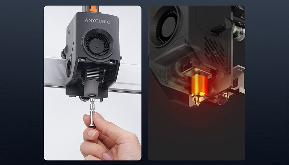 Drukarka 3D ANYCUBIC Kobra 3 Max Combo Wi-Fi, LAN + Dysza + Filament PLA Czarny Dzielona grafika pokazująca głowicę drukującą Anycubic: po lewej ręka demonstruje łatwą wymianę dyszy, po prawej prześwietlony schemat z rozgrzanym na czerwono hotendem detekcja splątań automatyczne wstrzymanie pracy drukarki w razie wykrycia problemu możliwość druku w 4 lub 8 kolorach