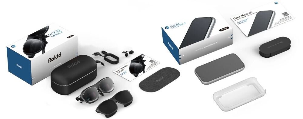 Zestaw Rokid AR Spatial Okulary + Stacja zawartość zestawu na białym tle