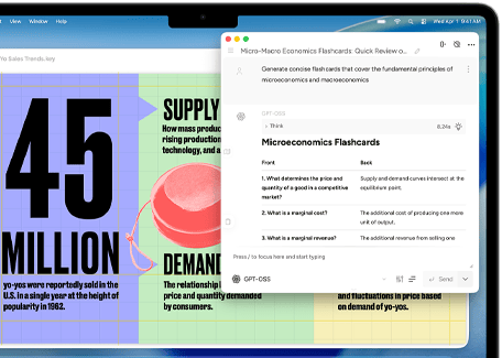 Na ekranie laptopa widoczne są dwa okna: jedno z tekstem \'45 MILLION\' oraz drugie z aplikacją do tworzenia fiszek z ekonomii. W aplikacji znajdują się pytania dotyczące mikroekonomii, takie jak \'What determines the price and quantity of a good in a competitive market?\'.
