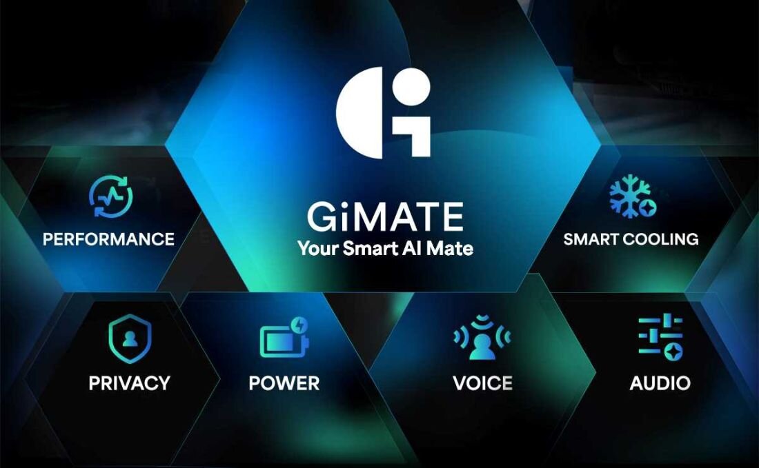 Laptop GIGABYTE Aorus Master 16 - Interfejs aplikacji GiMATE na tle w kolorze niebieskim, ukazujący funkcje i design.  