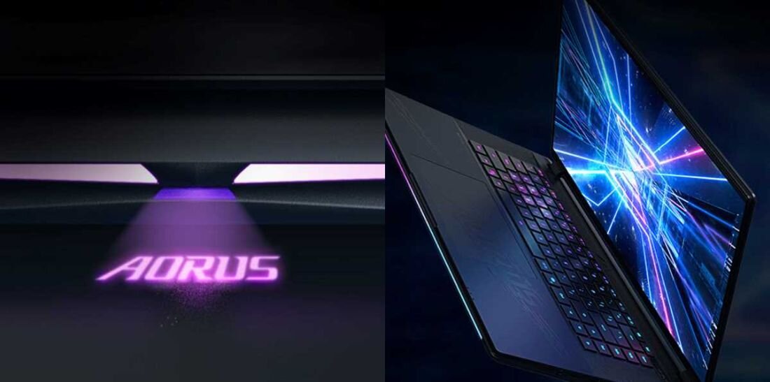 Laptop GIGABYTE Aorus Master 16 - Laptop GIGABYTE Aorus Master 16 z fioletowym światłem, które wydobywa się z wnętrza, nadając mu unikalny wygląd.  