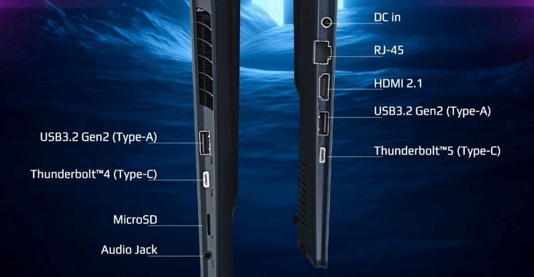 Laptop GIGABYTE Aorus Master 16 - Boki laptopa GIGABYTE Aorus Master 16 z opisanymi złączami, prezentujący kluczowe cechy techniczne urządzenia.  