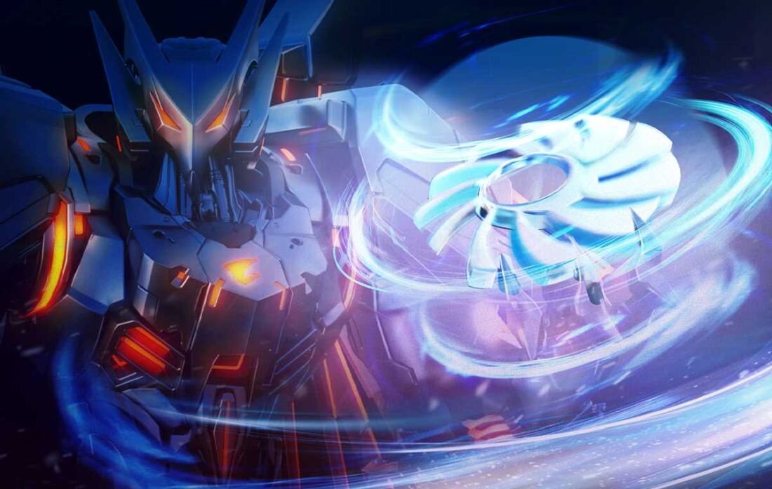 Laptop GIGABYTE Aorus Master 16 - Robot emitujący niebieskie światło, obok wentylator z systemu chłodzenia WINDFORCE Infinity EX.  