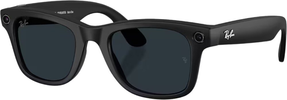 Czarne matowe okulary przeciwsłoneczne z ciemnymi soczewkami i logo \'Ray-Ban\' na zauszniku oraz soczewce.