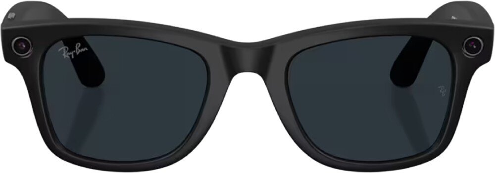 Czarne matowe okulary przeciwsłoneczne z ciemnymi soczewkami i logo \'Ray-Ban\' na jednym z zauszników. Na rogach oprawek widoczne są małe okrągłe elementy przypominające kamery.