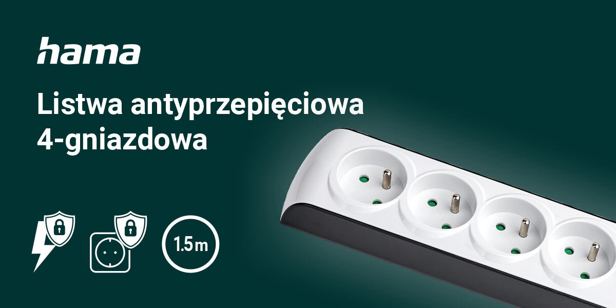 Obraz przedstawia listwę antyprzepięciową z czterema gniazdami oraz tekst: \'hama Listwa antyprzepięciowa 4-gniazdowa\'. Widoczne są ikony symbolizujące ochronę przepięciową i długość kabla 1.5m.
