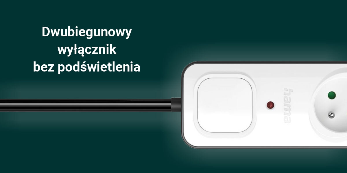 Na obrazie widoczna jest biała listwa zasilająca z logo \'hama\' oraz tekstem: \'Dwubiegunowy wyłącznik bez podświetlenia\'.