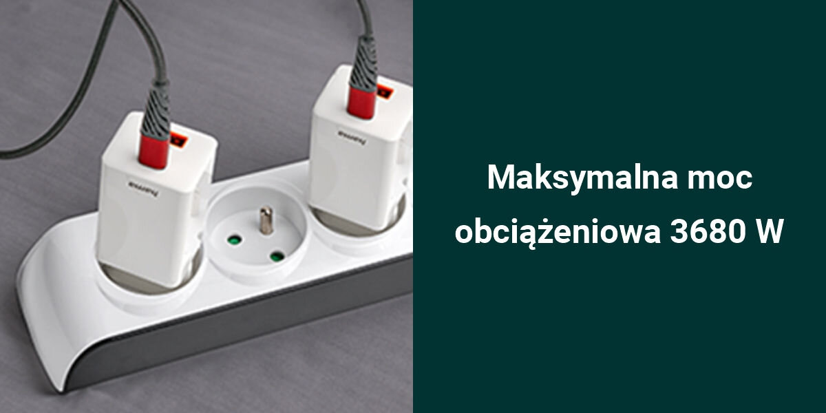 Biała listwa zasilająca z dwoma podłączonymi wtyczkami. Obok znajduje się tekst: \'Maksymalna moc obciążeniowa 3680 W\'.