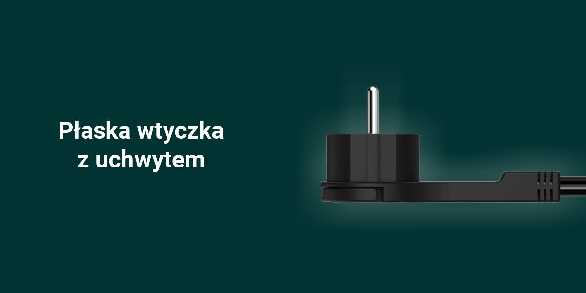 Obraz przedstawia czarną płaską wtyczkę z uchwytem na ciemnozielonym tle. Obok wtyczki znajduje się tekst: \'Płaska wtyczka z uchwytem\'.