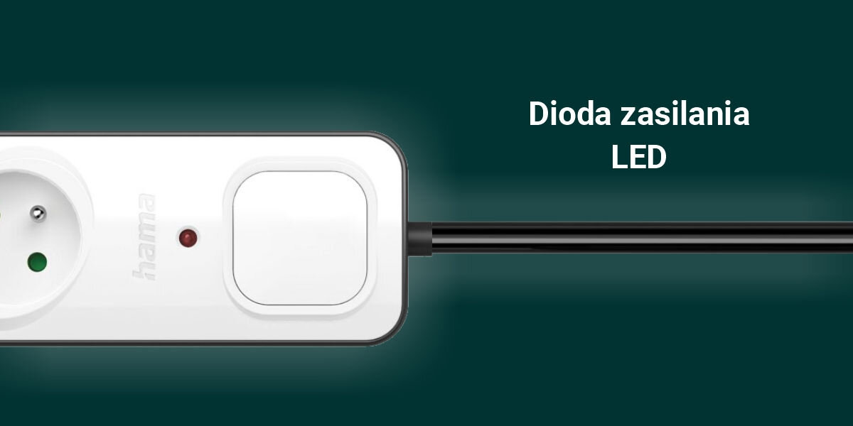 Biała listwa zasilająca z jednym gniazdem i diodą LED, z widocznym logo \'hama\'. Obok znajduje się tekst: \'Dioda zasilania LED\'.