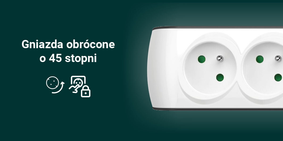 Obraz przedstawia biały przedłużacz z dwoma gniazdami, obróconymi o 45 stopni. Obok znajduje się tekst: \'Gniazda obrócone o 45 stopni\' oraz ikony symbolizujące obrót i blokadę.