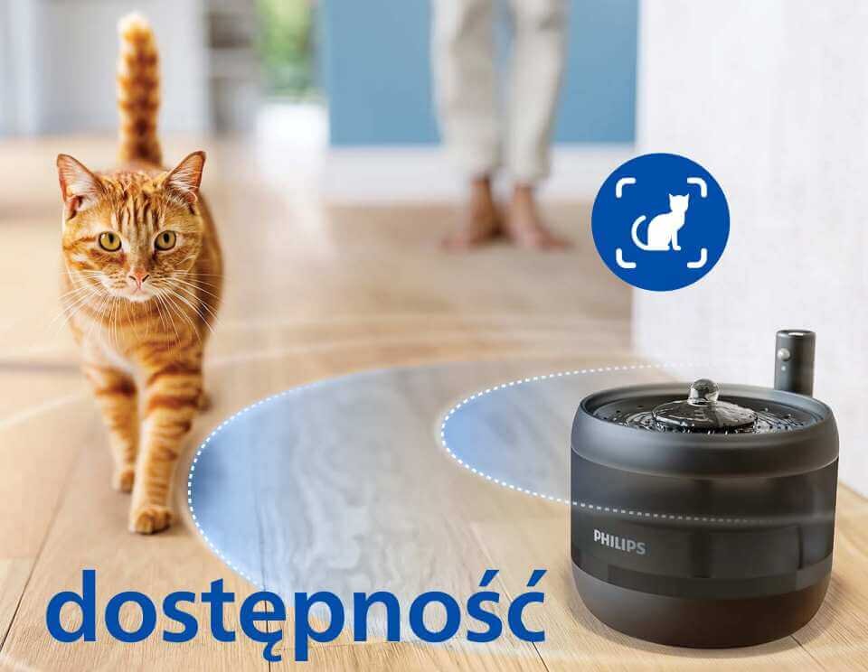 Na drewnianej podłodze stoi czarna fontanna dla zwierząt z logo PHILIPS, obok której znajduje się kot. W tle widoczna jest osoba oraz niebieska ikona z sylwetką kota i tekst \'dostępność\'.