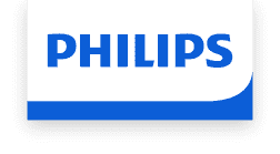 Logo z napisem PHILIPS na białym tle z niebieskim akcentem.