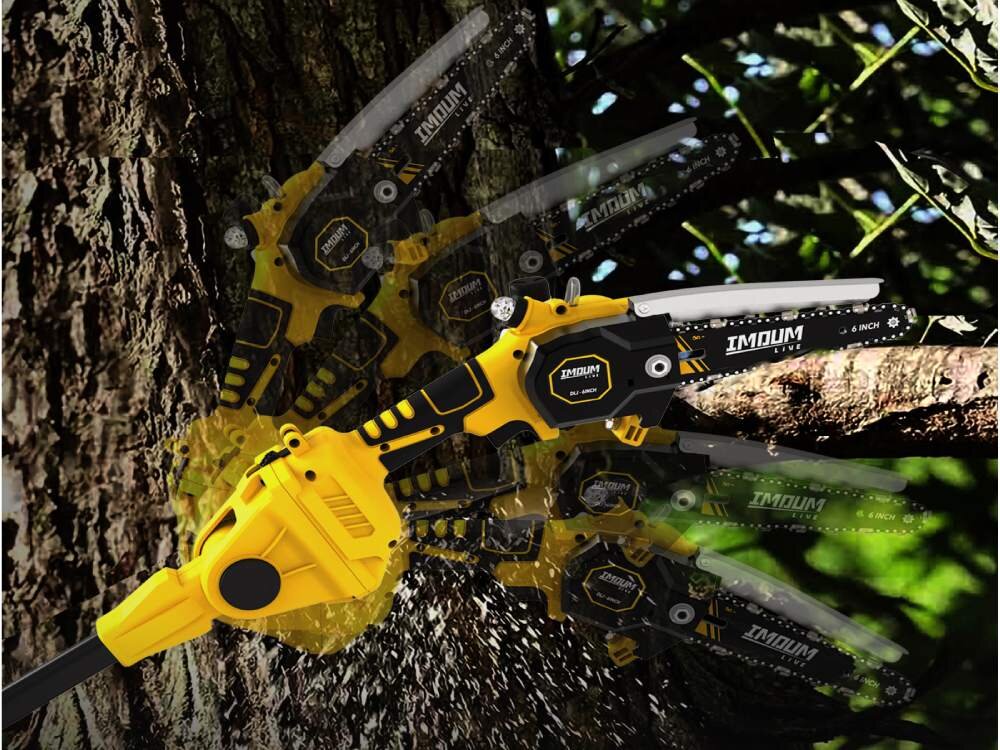 Na obrazie widoczna jest żółto-czarna przedłużka teleskopowa z piłą łańcuchową marki IMOUM, używana do cięcia gałęzi drzewa. Na piłę naniesiony jest tekst: \'IMOUM 6 INCH\'.
