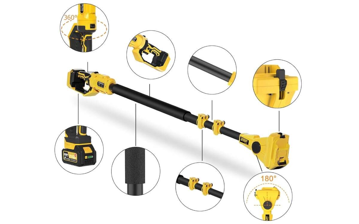 Obraz przedstawia przedłużkę teleskopową w kolorze żółto-czarnym z kilkoma zbliżeniami na jej elementy, takie jak uchwyty i mechanizmy obrotowe. Widoczne są oznaczenia kątów 360° i 180° oraz logo producenta na urządzeniu.