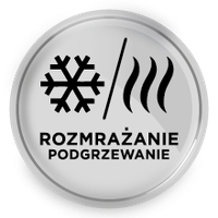 Okrągła ikona z symbolami płatka śniegu i fal ciepła oraz tekstem \'ROZMRAŻANIE PODGRZEWANIE\'.