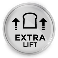 Okrągły przycisk z symbolem kromki chleba i strzałkami skierowanymi w górę oraz napisem \'EXTRA LIFT\'.