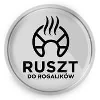 Okrągła ikona z czarnym symbolem rusztu i napisem \'RUSZT DO ROGALIKÓW\' na szarym tle.