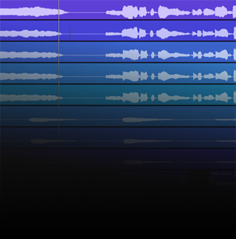 Obraz przedstawia ekran z oprogramowaniem do edycji dźwięku, na którym widoczne są ścieżki audio w różnych kolorach, głównie fioletowym i niebieskim. Ścieżki mają różne długości i kształty fal dźwiękowych.