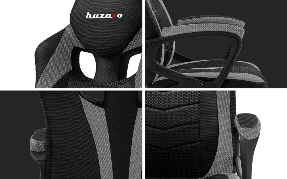 Obraz przedstawia szczegóły fotela z napisem \'huzaro\' na zagłówku. Fotel ma szare i czarne elementy oraz widoczne podłokietniki i oparcie z teksturą przypominającą plastry miodu.