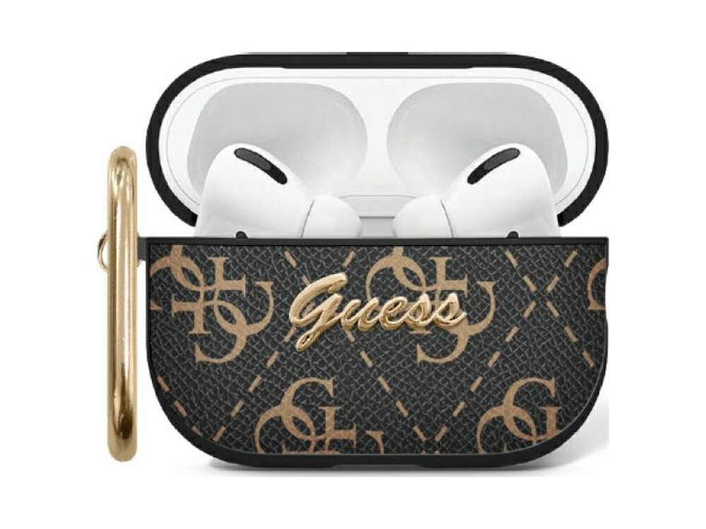 Etui na słuchawki z czarnym wzorem i złotym napisem \'Guess\', z widocznymi słuchawkami w środku. Po lewej stronie znajduje się złoty uchwyt.