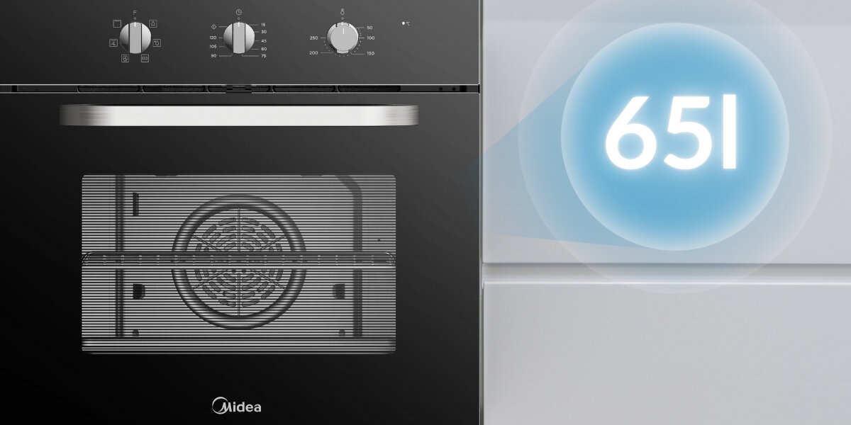 PIEKARNIK MIDEA MO655BK czarny front Elegancki design pojemność 65 litrów wygodne przygotowywanie Uchylnie otwierane drzwi oświetlenie wnętrza