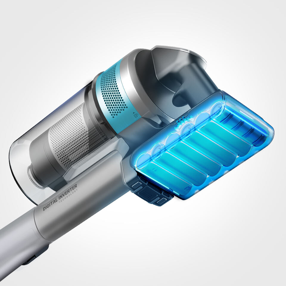 Grafika przedstawia pojemną baterię odkurzacza Samsung Jet VS20T7532T1, pozwalającą na nieprzerwaną pracę do 60 minut