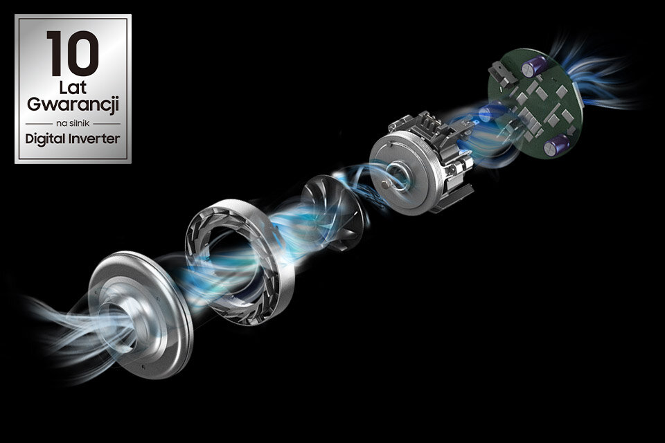 Grafika obrazuje budowę cyfrowego silnika Digital Inverter, zapewniającego wysoką moc ssącą i wydajną, energooszczędną pracę wszechstronnego odkurzacza Samsung Jet z oferty sklepów Media Expert