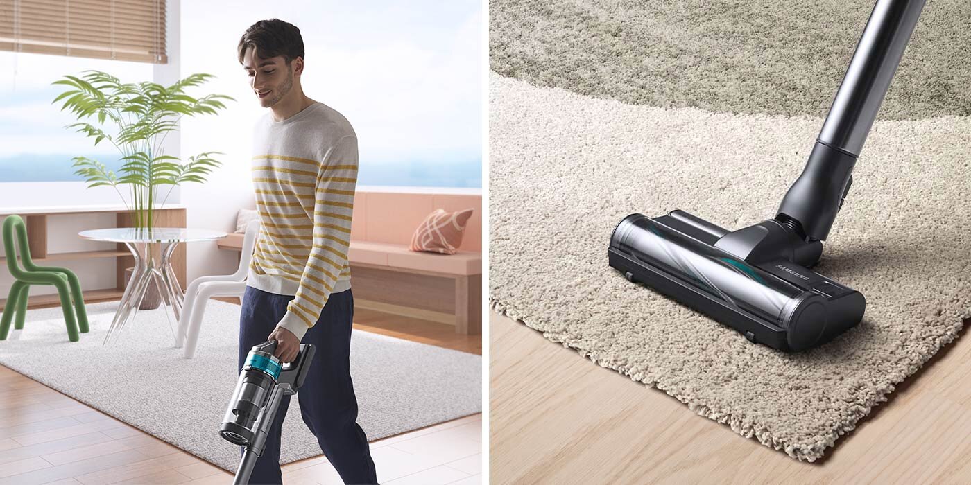 zdjęcie mężczyzny sprzątającego z pomocą odkurzacza samsung