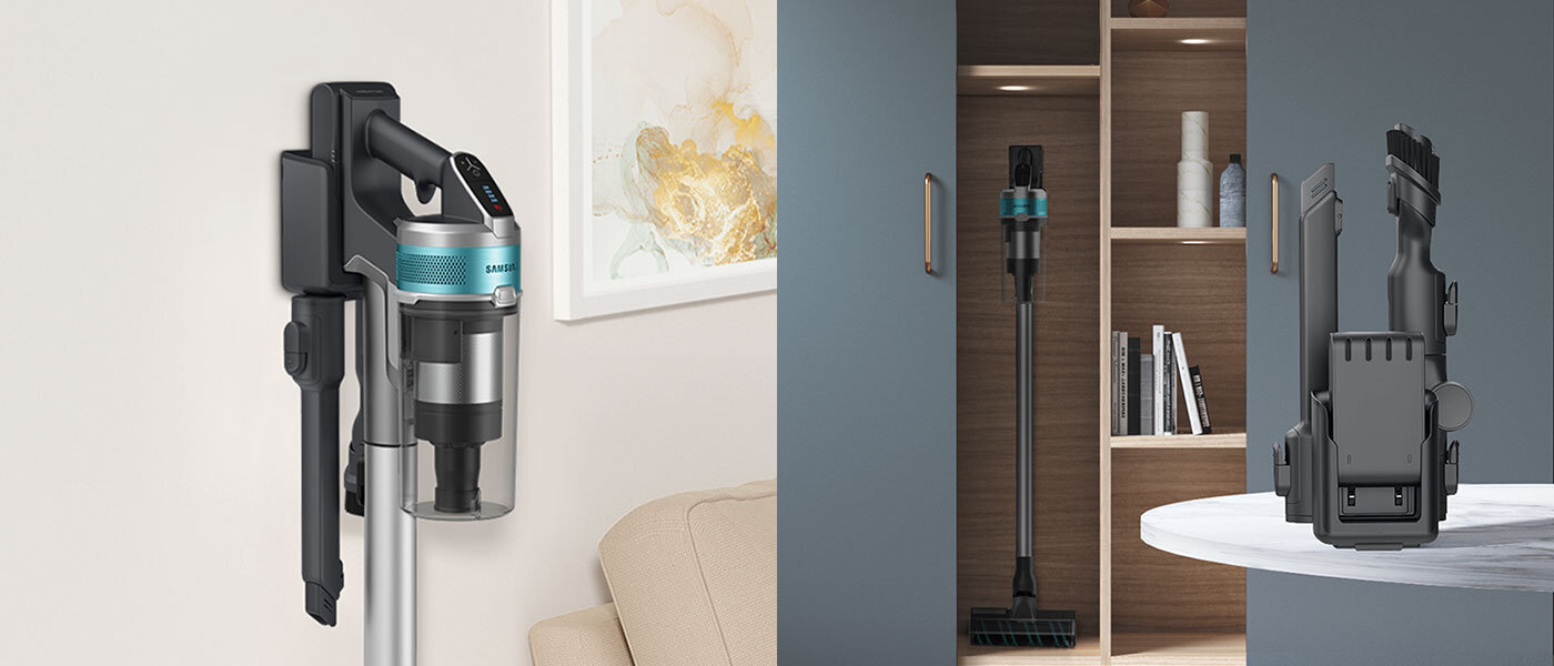 Montowana do ściany stacja ładująca i odkurzacz VS20T7532T1/GE zostały pokazane na zdjęciach w przykładowych lokalizacjach w obrębie mieszkania