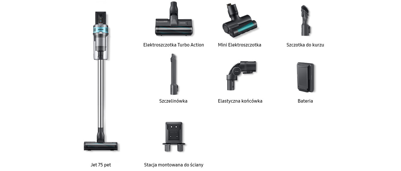 Na grafice przedstawiono komplet akcesoriów do odkurzacza Samsung Jet 75 pet znajdującego się w ofercie sieci sklepów Media Expert