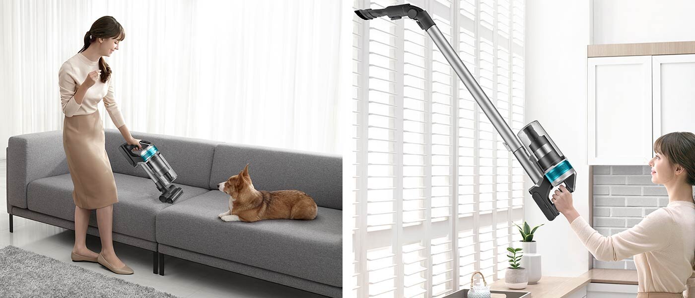 Na zdjęciach przedstawiono wygodne sprzątanie za pomocą odkurzacza VS15T7031R1 dostępnego w sklepach Media Expert, z wykorzystaniem dostępnych akcesoriów