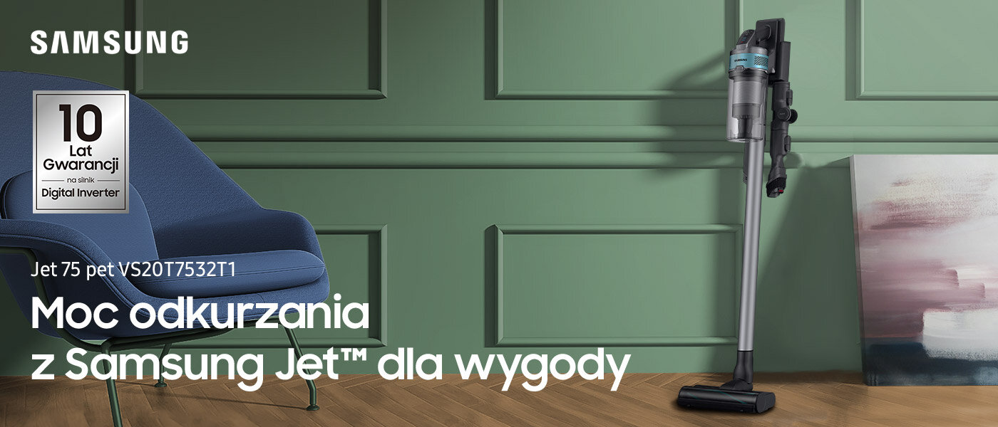 Zdjęcie przedstawia wielofunkcyjny odkurzacz bezprzewodowy Samsung Jet 75 pet VS20T7532T1/GE dostępny w ofercie sklepów Media Expert