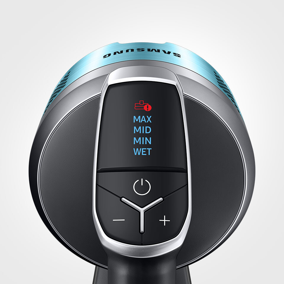 Zdjęcie przedstawia zbliżenie na cyfrowy wyświetlacz odkurzacza Samsung Jet 75 Pet, umożliwiający pełną kontrolę ustawień urządzenia i monitorowanie procesu eksploatacji