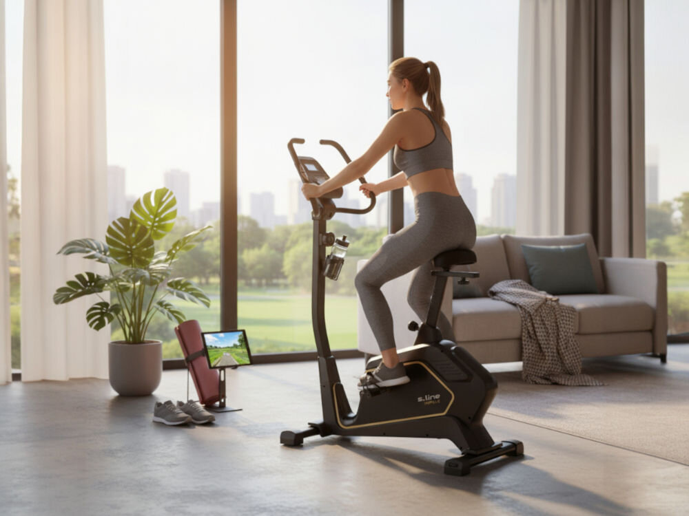 Rower magnetyczny S_LINE Impuls Kobieta ćwiczy na czarno-złotym rowerze stacjonarnym s.line Impuls w jasnym salonie z dużym oknem z widokiem na miasto. Obok roweru stoi tablet i mata do ćwiczeń.