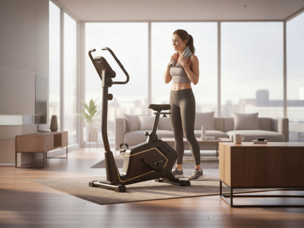 Rower magnetyczny S_LINE Impuls Kobieta z ręcznikiem na szyi stoi obok roweru stacjonarnego s.line Impuls, odpoczywając po treningu w przestronnym, jasnym salonie.