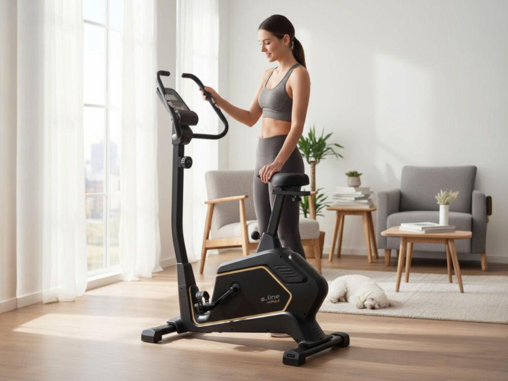 Rower magnetyczny S_LINE Impuls Kobieta w sportowym stroju reguluje siodełko lub monitor roweru stacjonarnego s.line Impuls w jasnym salonie. Obok na dywanie śpi mały, biały piesek.