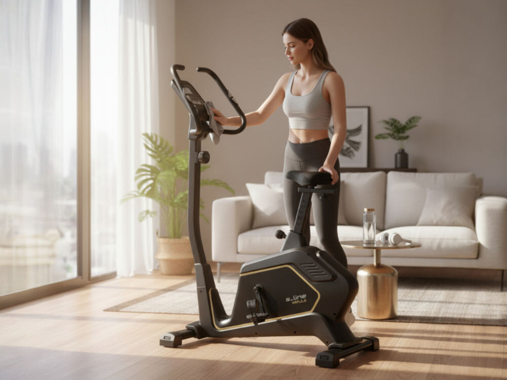 Rower magnetyczny S_LINE Impuls Kobieta reguluje kierownicę roweru stacjonarnego s.line Impuls w eleganckim salonie. W tle jasna sofa i duże okno, wpadające promienie słońca.